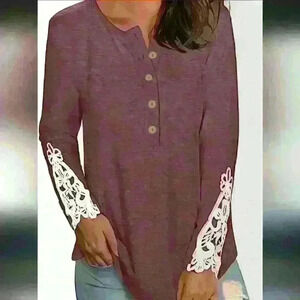 AMAZON | Women's Red Contrast Lace Soft  Button Up Long Sleeved Shirt